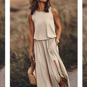 JUST IN Summer Tank Maxi Dress Pocket Side Slit Boutique Casual
